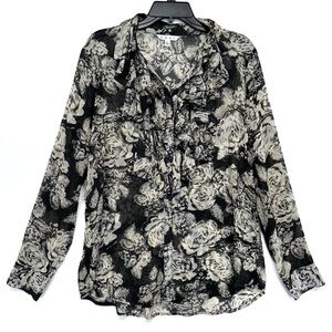 Cabi Button Large Sheer Irresistible Black & White Floral Ruffle Long Sleeve